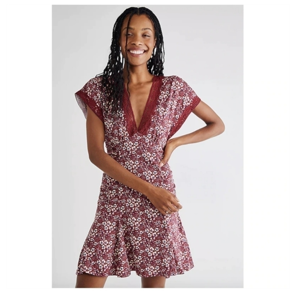 NWT Free People Sweet Talker Floral Mini Dress Burgundy Large - Picture 3 of 13